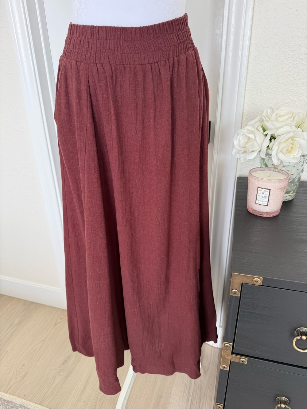 Few Moda Linen Elastic Waist Maxi Skirt with pockets - Plum Sample Sz Small